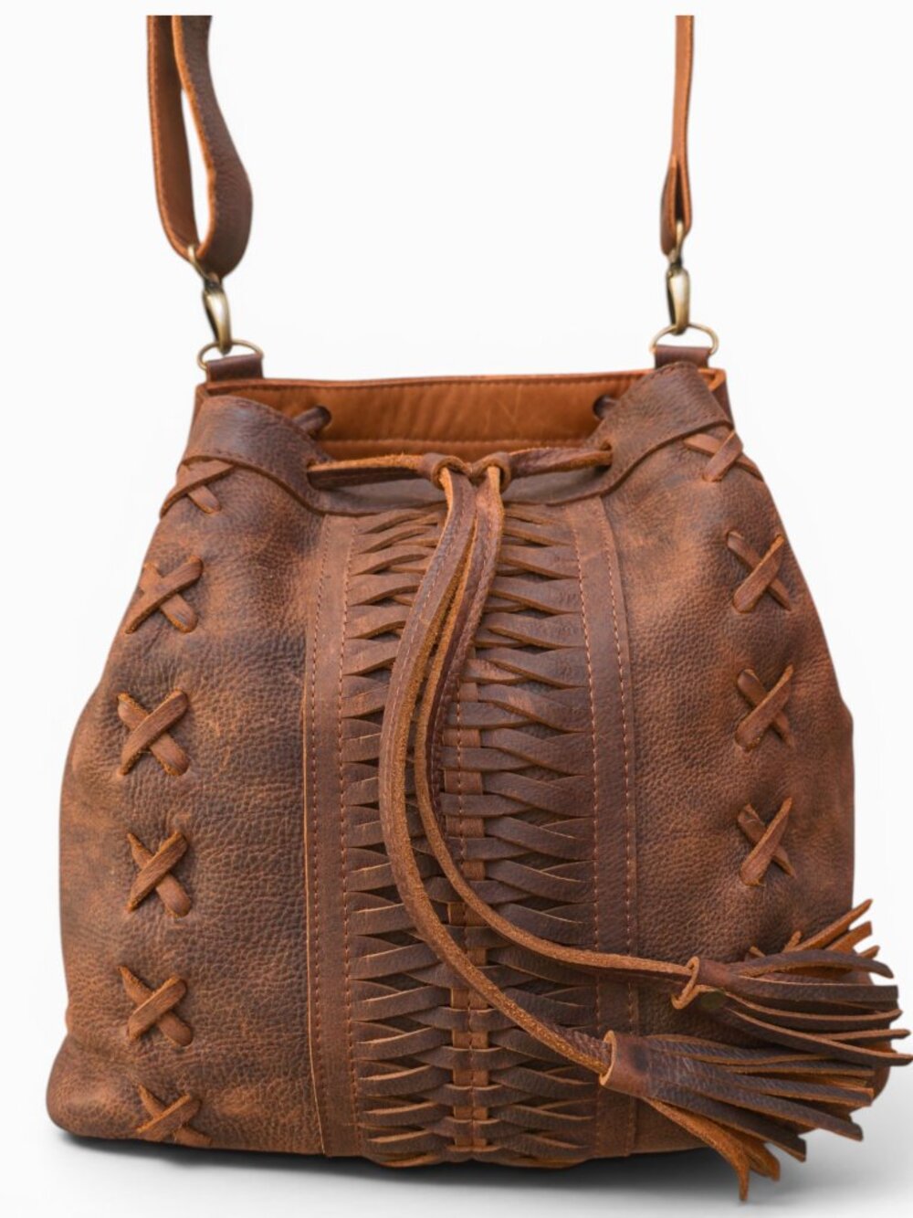 Urban Artisan Handmade Brown Leather Boho Bucket Bag